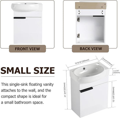 Henf 17 Inch Wall Mounted Bathroom Vanity Sink Combo for Small Space,Modern White Vanities Set with Ceramic Sink Top,Hanging Garage Vanity w/Sink, Floating Small Bathroom Cabinet Compact