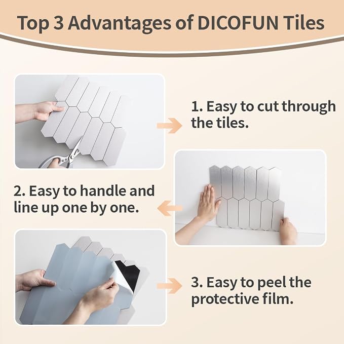 DICOFUN 1 Sheet Brushed Metal Long Hexagon Peel and Stick Backsplash, 12"x12" PVC Stick on Backsplash Wall Tiles for Kitchen and Bathroom