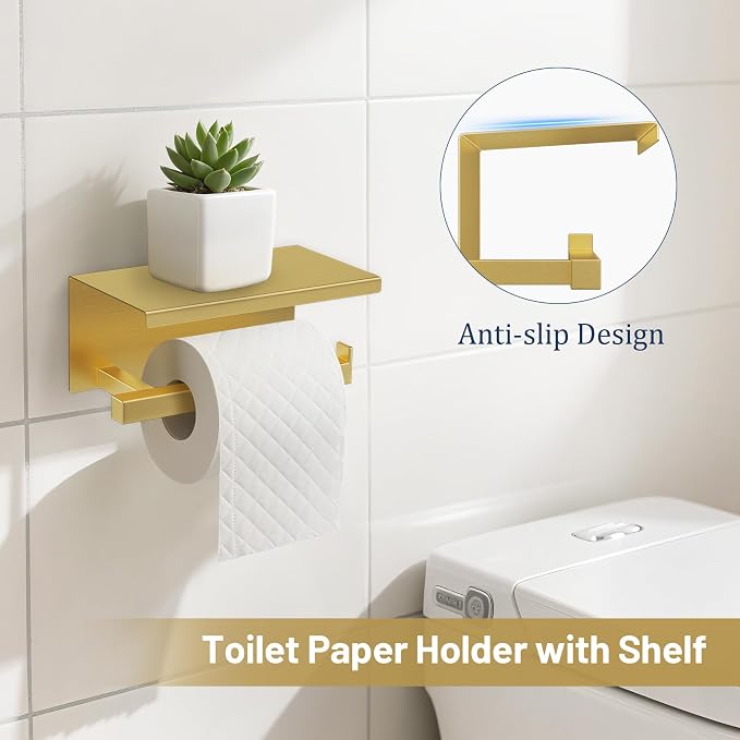 TURS Brushed Gold 5 Pieces Bathroom Hardware Set, SUS304 Stainless Steel 23.6 Inch Bath Towel Bar Set, Square Bathroom Accessories Kit Wall Mounted