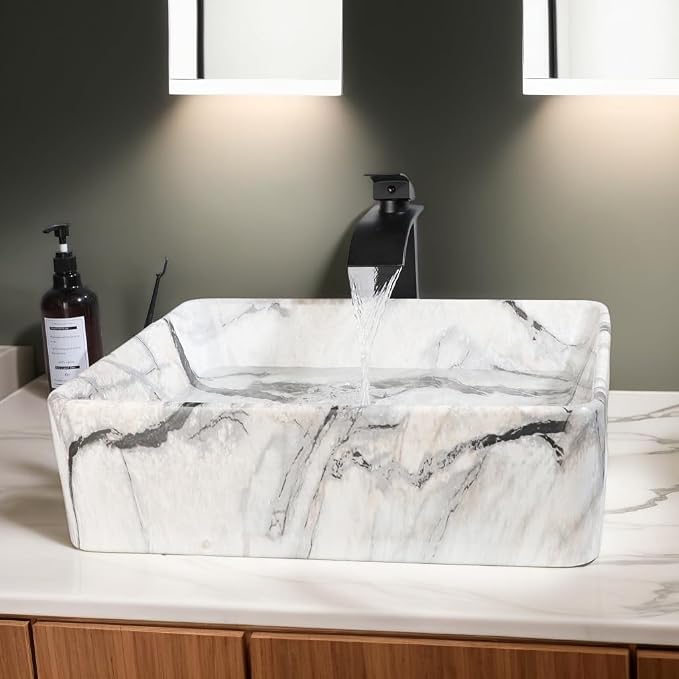 Bathroom Vessel Sink Modern Farmhouse White Rectangular Marble Vessel Sink - 19"x15" Handmade Ceramic Countertop Porcelain Sink Thickened Edges & Natural Stone Veins