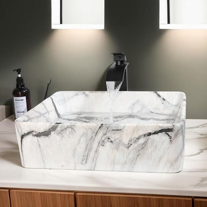 Bathroom Vessel Sink Modern Farmhouse White Rectangular Marble Vessel Sink - 19"x15" Handmade Ceramic Countertop Porcelain Sink Thickened Edges & Natural Stone Veins