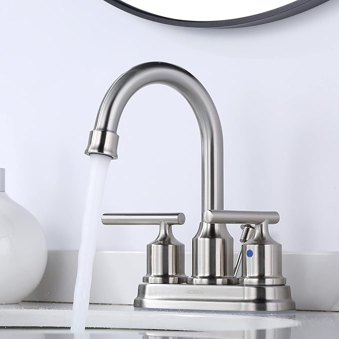 WOWOW 4 Inch Bathroom Faucet 3 Hole Brushed Nickel Bathroom Sink Faucet Centeret Basin Faucet 2 Handle RV Sink Tap Modern Vanity Taps with Drain and Hose