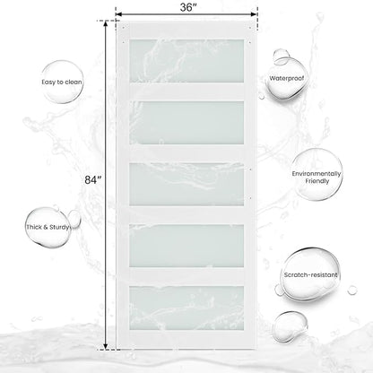 SMARTSTANDARD 36 x 84 in Glass Barn Door with 6.6FT Sliding Hardware Kit | Pre-Drilled Ready to Assemble, Waterproof PVC Coating, White, 5-Panel Glass