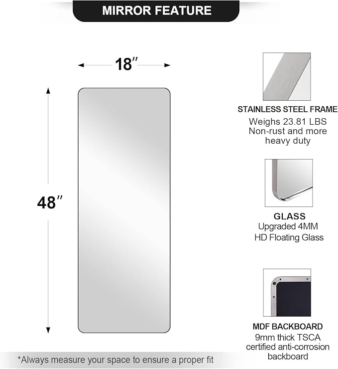 18" x 48" Full Length Wall Mirror, Large Polished Chrome Mirror for Bathroom, Rounded Corner Rectangle Body for Floor and Leaning