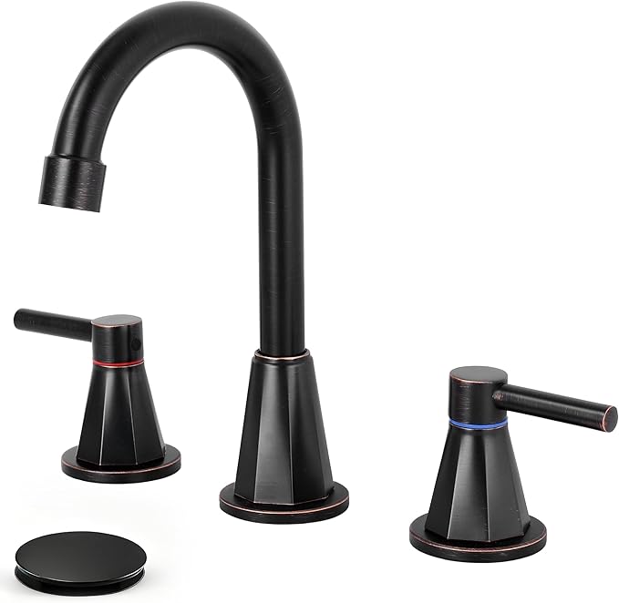 Bathroom Faucet 3 Hole,Oil Rubbed Bronze Bathroom Sink Faucet with 360°Swivel Spout, 8 inch Widespread 2 Handle Faucet for Bathroom Sink Vanity RV with Pop-up Drain Supply Line Stainless Steel