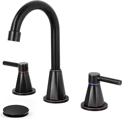 Bathroom Faucet 3 Hole,Oil Rubbed Bronze Bathroom Sink Faucet with 360°Swivel Spout, 8 inch Widespread 2 Handle Faucet for Bathroom Sink Vanity RV with Pop-up Drain Supply Line Stainless Steel
