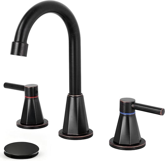 Bathroom Faucet 3 Hole,Oil Rubbed Bronze Bathroom Sink Faucet with 360°Swivel Spout, 8 inch Widespread 2 Handle Faucet for Bathroom Sink Vanity RV with Pop-up Drain Supply Line Stainless Steel