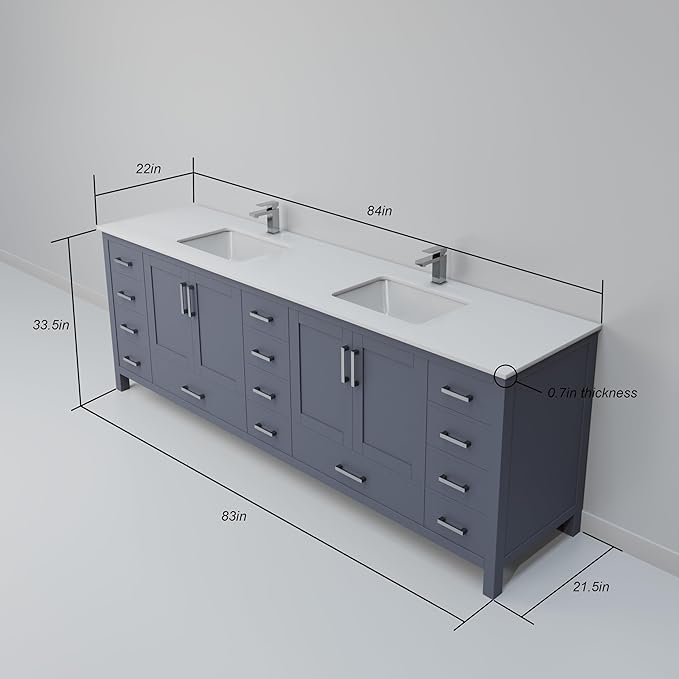 Jacques 84 in. W x 22 in. D Dark Grey Double Bath Vanity and White Quartz Top