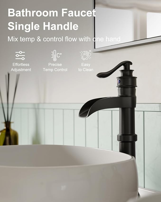 BWE Matte Black Vessel Sink Faucet Waterfall Tall Bathroom Faucet | Single Handle 1 Hole Brass Countertop Lavatory Vanity Mixer Tap with Pop Up Drain and Supply Lines for RV Bar No Overflow