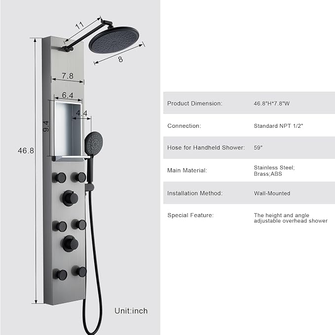 POPFLY Shower Panel Tower System with 8-inch Rainfall Shower and Shelf | Adjustable Shower Arm Height Rainfall Head, 6 Body Jets and 5-Setting Handheld Shower, Brushed Nickel, Stainless Steel