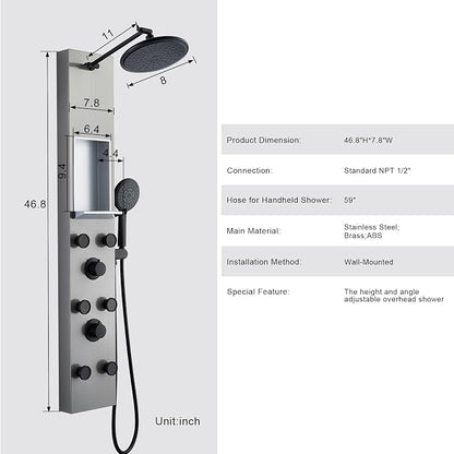 POPFLY Shower Panel Tower System with 8-inch Rainfall Shower and Shelf | Adjustable Shower Arm Height Rainfall Head, 6 Body Jets and 5-Setting Handheld Shower, Brushed Nickel, Stainless Steel