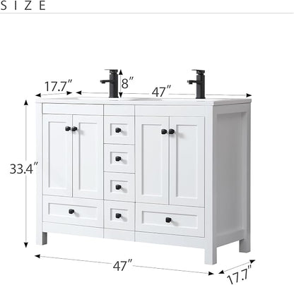 LUCKWIND 48" Bathroom Vanity and Sink Combos, Modern Bathroom Storage Painted Cabinet with Undercounter Resin Dual Sink Top, Matte Black Faucet and 6 Drawers, Mirror Not Included, White