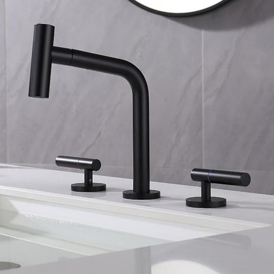 3 Hole Basin Faucets Pull Out Basin Mixer Faucet Bathroom Mixer Faucet Double Handle 2 Mode Brass-Black