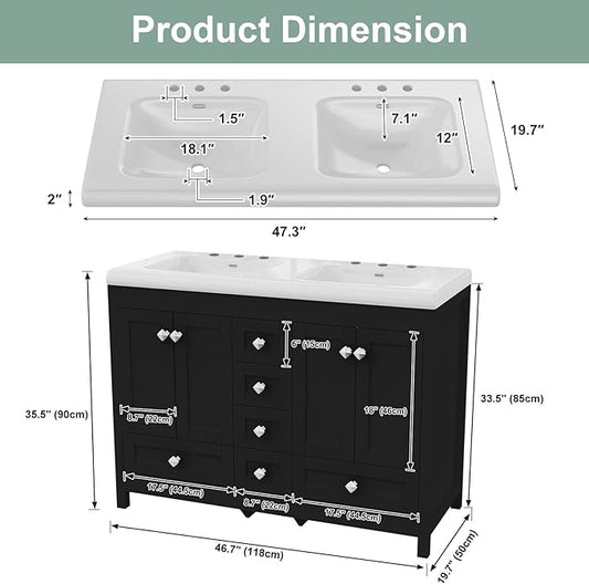 48 Inch Bathroom Vanity with Double Sink, Bathroom Vanity Cabinet with Doulble Sink, Black Bath Vanities with 4 Doors and 6 Drawers (20" D x 48" W x 36" H)
