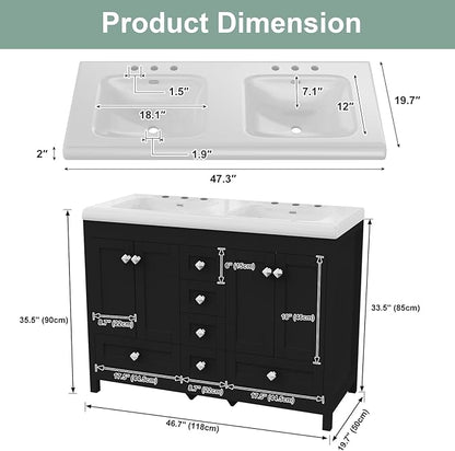 46.7 inch Bathroom Sink Vanity Combo, Large Freestanding Double Bath Vanity Sink Set with 2 Cabinets & 6 Drawers, Dual Basin Modern Bathroom Storage Cabinet, Black