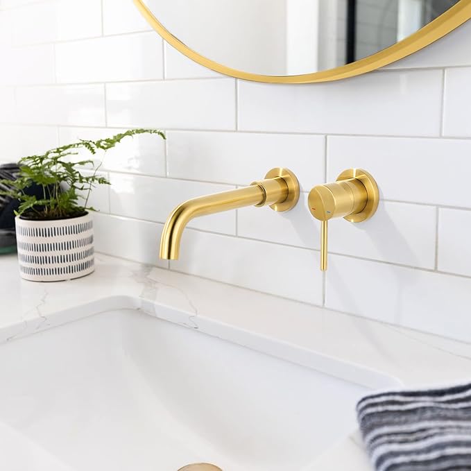 ARCORA Wall Mount Bathroom Faucet, Brushed Gold Single Handle Bathroom Sink Faucet Wall Mounted, Rough-in Valve Included