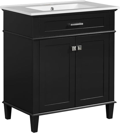 Favfurish 30" Bathroom Vanity with Ceramic Sink,Undermount Single Basin Bath Vanity Set w/2 Soft-Close Doors and Adjustable Shelf,Modern Freestanding Storage Cabinet,Solid Wood Frame,Black