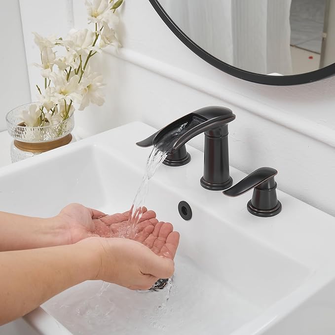 BWE Waterfall Bathroom Faucet, Oil Rubbed Bronze 8 Inch Widespread Bathroom Sink Faucet Two-Handle Waterfall with Pop-up Drain, for Vanity, Lavatory Sink