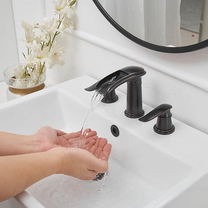 BWE Waterfall Bathroom Faucet, Oil Rubbed Bronze 8 Inch Widespread Bathroom Sink Faucet Two-Handle Waterfall with Pop-up Drain, for Vanity, Lavatory Sink