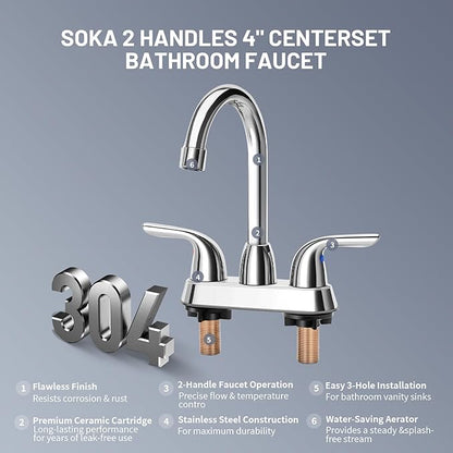 Bathroom Sink Faucet for 3 Hole, 4 Inch Stainless Steel Faucet for Bathroom, Bathroom Faucets with Deck Plate & Pop-Up Pop-Up Drain Assembly 2-Handle Faucet for Bathroom Sink Vanity RV Restroom