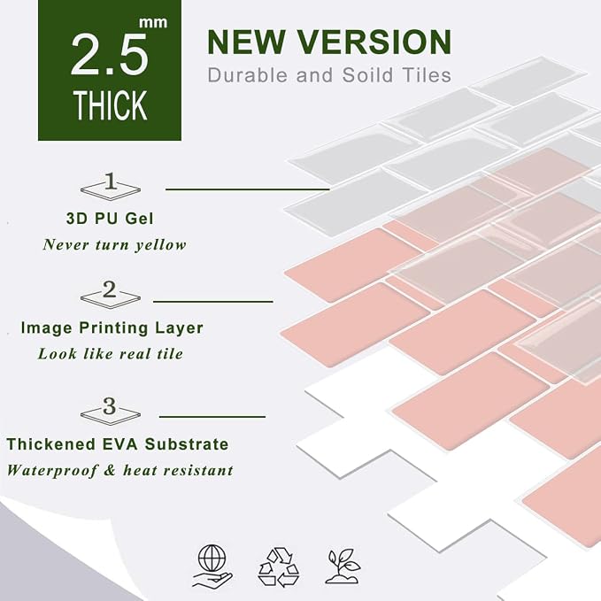 STICKGOO Subway Tile Peel and Stick Backsplash, Thicker Design 12" x 12" Stick on Backsplash Tiles for Kitchen, Bathroom, Wall Tile (10 Sheets, Pink)