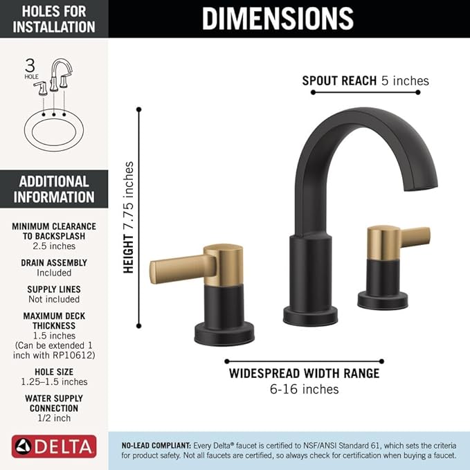 Delta Albion Matte Black/Brushed Gold Bathroom Faucet 3 Hole, 8 Inch Widespread Bathroom Sink Faucet for Vanity, Metal Push-Pop Drain Assembly, Matte Black/Champagne Bronze 35855LF-GZ