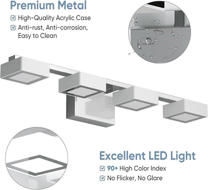 LED Modern Bathroom Light Fixtures Over Mirror, 4-Light Dimmable Vanity Lights, Chrome Acrylic Bathroom Vanity Light, 2700K-6500K Adjustable, ETL Certificated