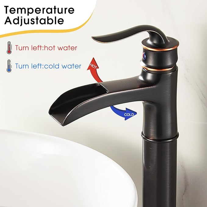 FRANSITON Tall Vessel Waterfall Faucet Bathroom Faucet Single Handle One Hole Oil Rubbed Bronze Finish Large Spout Lavatory Faucets Oil Rubbed Bronze