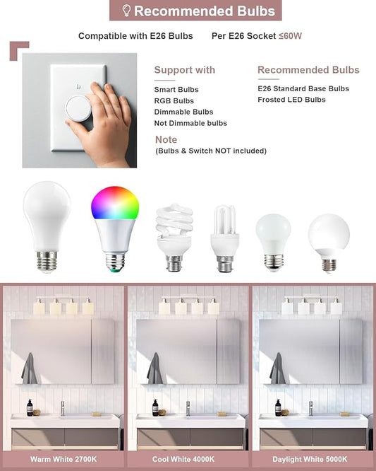 Sailstar 4-Light Bathroom Light Fixtures Over Mirror, Glass Shade & Anti-Rust Nickel Finished,Brushed Nickel Vanity Lights, Modern Bathroom Vanity Light, Bathroom Light for Small Space