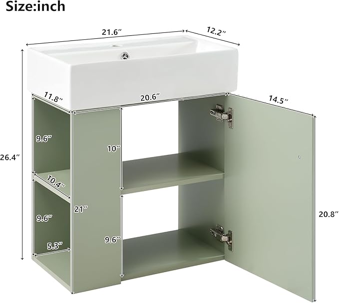 21.6 in Floating Bathroom Vanity with Sink,Soft Closing Doors,Solid Wood Frame & MDF Modern Single Small Green Bathroom Vanity Cabinet with Open Shelf,Wall Mounted