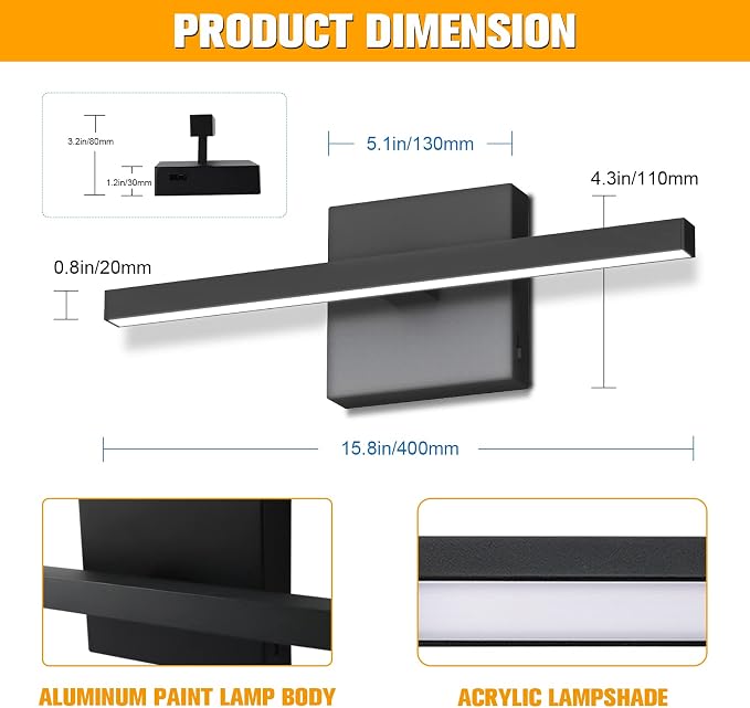 NIORSUN 15.7 inch Black Bathroom Vanity Light,12W 5CCT Dimmable LED Bathroom Lighting Fixtures Over Mirror, Modern Vanity Lights for Bathrooms Restroom Mirror- ETL Certified
