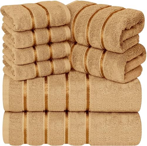 Luxury Towels for Bathroom Set of 8-2 Bath Towels 2 Hand Towels 4 Washcloths - 600 GSM 100% Cotton Ring Spun Viscose Border Towels Set - Beige