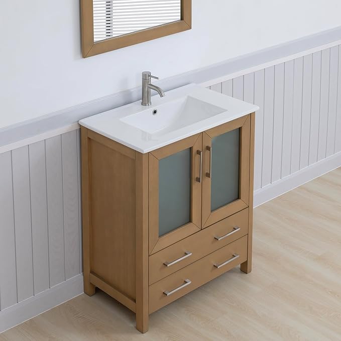Vanity Art 30" Single Sink Bathroom Vanity with 1 Mirror, Ceramic Top Cabinet Compact Set with 2 Dovetail Storage Drawers and Brushed Nickel Handles, VA3030-NO
