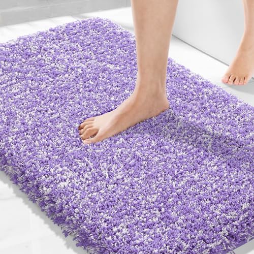 Yimobra Bathroom Rugs Non Slip Washable 36X24, Ultra Soft and Water Absorbent Bath Mats, Plush Fluffy Shower Mat Outside, Luxury Microfiber Thick Matts for Bathroom Floor/Tub, Purple and White