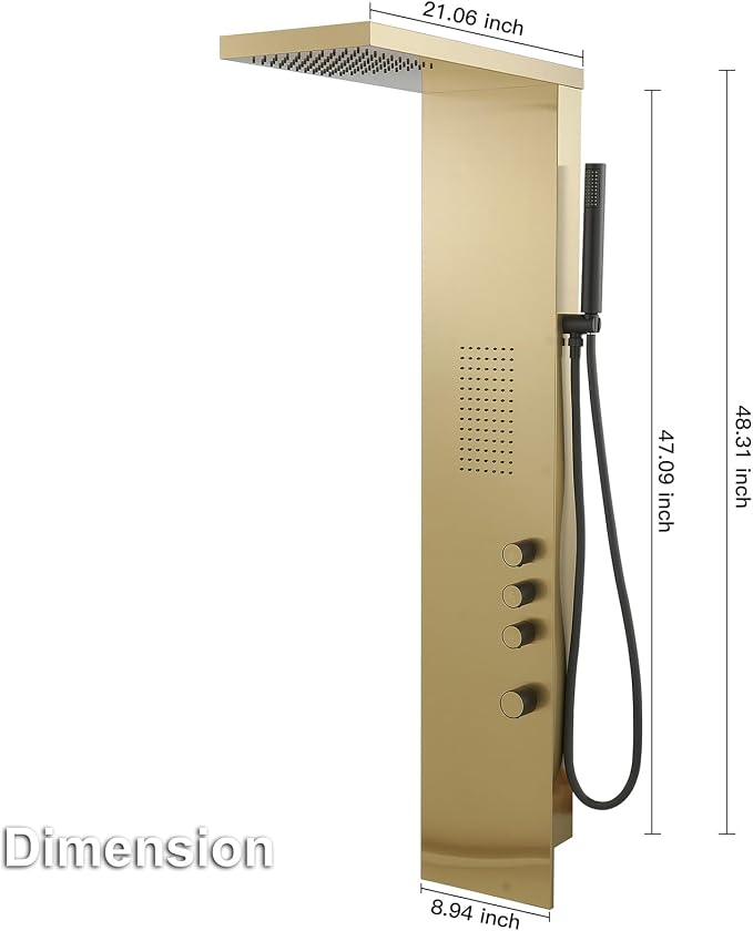 Brushed Gold Shower Panel Tower System Bathroom Wall Mount | Rain Shower Head with Body Jet Massage and Rainfall Hand Shower,High Pressure Large Area,Flexible Shower Hose,Stainless Steel