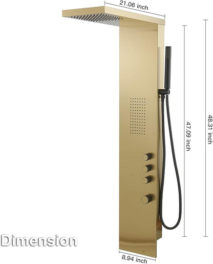 Brushed Gold Shower Panel Tower System Bathroom Wall Mount | Rain Shower Head with Body Jet Massage and Rainfall Hand Shower,High Pressure Large Area,Flexible Shower Hose,Stainless Steel