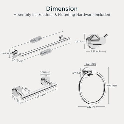 FORIOUS Bathroom Accessories, 4-Piece Bathroom Hardware Set - 18" Towel Bar | Chrome | Towel Hooks, Towel Racks for Bathroom, Toilet Paper Holder Wall Mounted & Towel Ring | SUS304 Stainless Steel