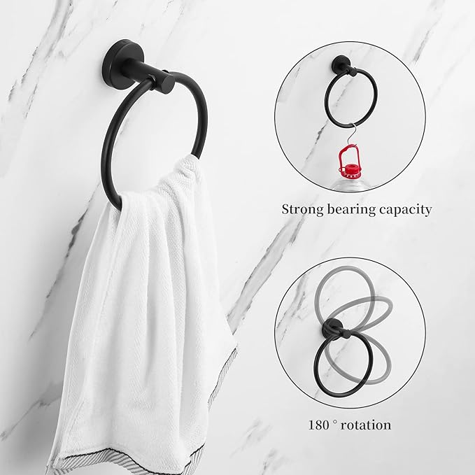 Bathroom Hardware Set Matte Black, 10 Pieces Bathroom Accessories Set Includes Includes 2 Packs 24 Inch Towel Bar, Towel Ring, Toilet Holder and 4 Packs Towel Hooks