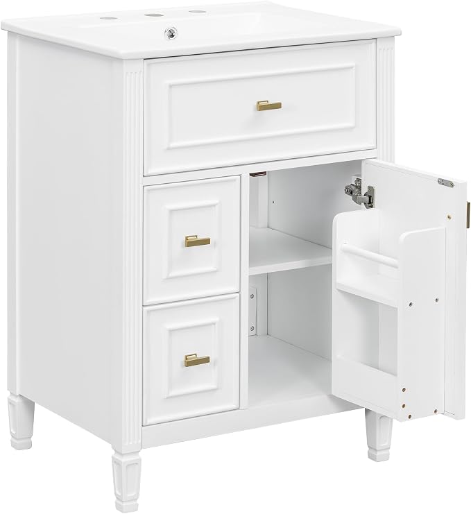 24" Modern Bathroom Vanity with Ceramic Sink, Solid Wood Frame Freestanding Storage Cabinet w/2 Drawers & Tilt-Out Drawer, Door Rack & Adjustable Shelf, Golden Metal Handles, White