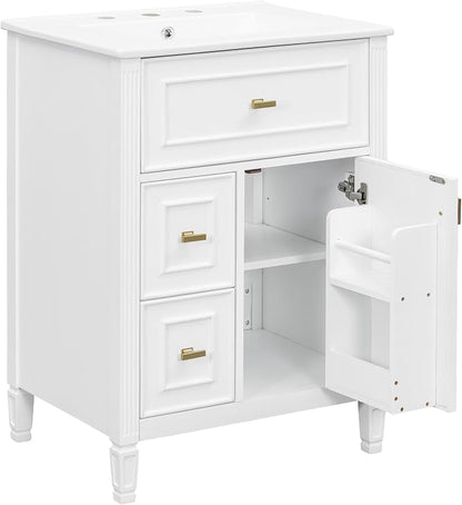 24" Modern Bathroom Vanity with Ceramic Sink, Solid Wood Frame Freestanding Storage Cabinet w/2 Drawers & Tilt-Out Drawer, Door Rack & Adjustable Shelf, Golden Metal Handles, White