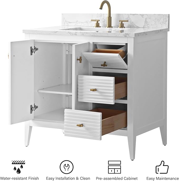 HOMEBEYOND 36" Bathroom Vanity with Sink, Solid Wood Bathroom Vanity Free-Standing Cabinet, Drawers, Ceramic Top & Soft Closing Door, Golden Brushed Handware, White
