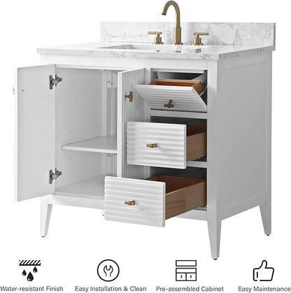 HOMEBEYOND 36" Bathroom Vanity with Sink, Solid Wood Bathroom Vanity Free-Standing Cabinet, Drawers, Ceramic Top & Soft Closing Door, Golden Brushed Handware, White