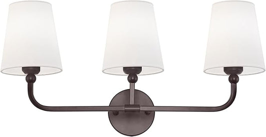 Bathroom Light Fixtures, 3-Light Oil Rubbed Bronze Vanity Lights with Flared White Fabric Shade, Vintage Sconces Wall Lighting for Hallway Bedroom, VL837-ORB-3