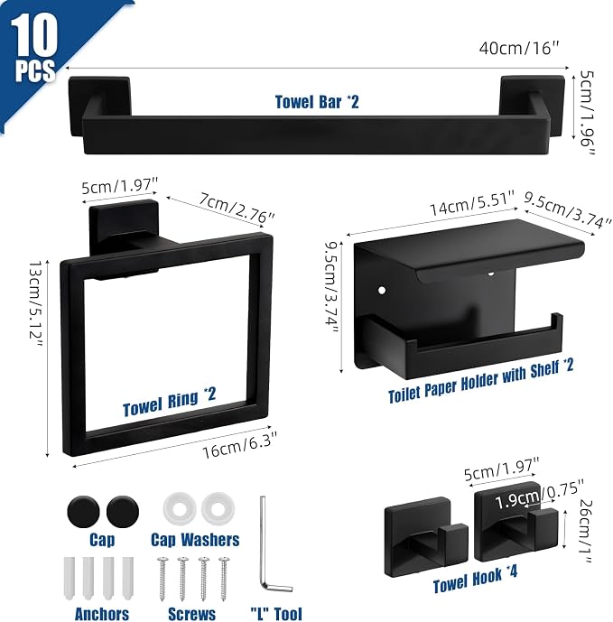 Matte Black Bathroom Hardware Accessories Set, Stainless Steel Towel Racks for Bathroom, 16 Inch Towel Bar, Towel Holders, Updated Toilet Paper Holder with Shelf Wall Mounted(10-Pieces)
