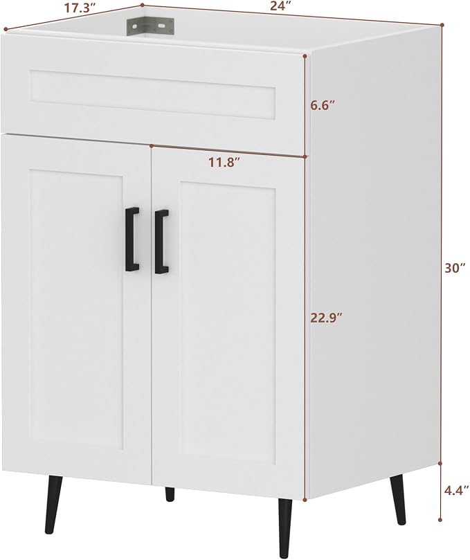24 Inch Bathroom Vanity, Freestanding Wooden Bathroom Vanity with 2 Doors and Metal Legs, Bathroom Cabinet Vanity Without Ceramic Sink (White Without Sink, 24")