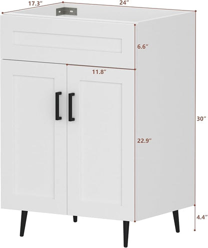 24 Inch Bathroom Vanity, Freestanding Wooden Bathroom Vanity with 2 Doors and Metal Legs, Bathroom Cabinet Vanity Without Ceramic Sink (White Without Sink, 24")