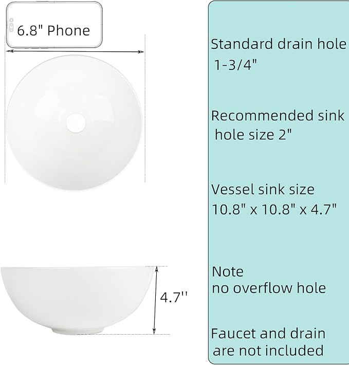 11 Inch Round Bathroom Bowl Sink Above Counter, QISHKA Mini White Ceramic Vanity Vessel Sink - 11" x 11" Small Countertop Circle Art Basin for Space-Saving