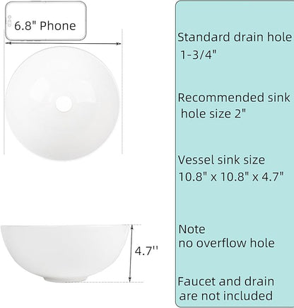 11 Inch Round Bathroom Bowl Sink Above Counter, QISHKA Mini White Ceramic Vanity Vessel Sink - 11" x 11" Small Countertop Circle Art Basin for Space-Saving