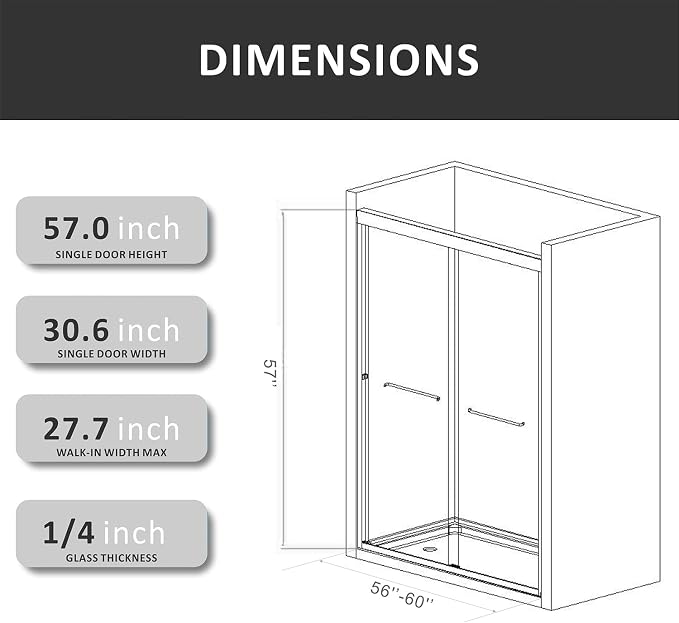 Bathtub Sliding Doors,56-60 inch W x 57 inch Height Shower Doors with 1/4 inch Clear Tempered Glass,Semi-Frameless Bypass Tub Doors with Stainless Steel Chrome Hanles