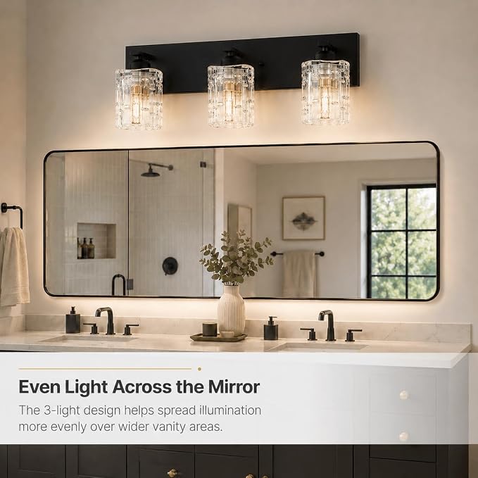 3 Lights Matte Black Crystal Bathroom Vanity Light,Modern Bathroom Wall Light,Crystal Over Mirror Light Fixtures for Living Room, Bedroom, Hallway